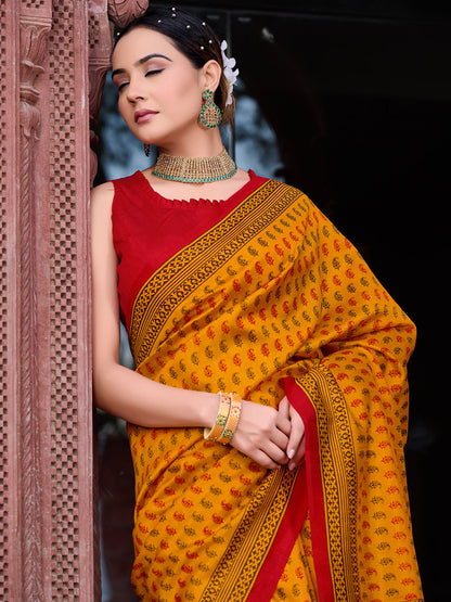 Women's Bhagalpuri Silk Mustard Printed Designer Saree With Blouse Piece