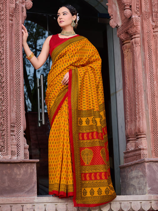 Women's Bhagalpuri Silk Mustard Printed Designer Saree With Blouse Piece