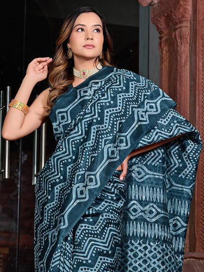 Women's Bhagalpuri Silk Teal blue Printed Designer Saree With Blouse Piece