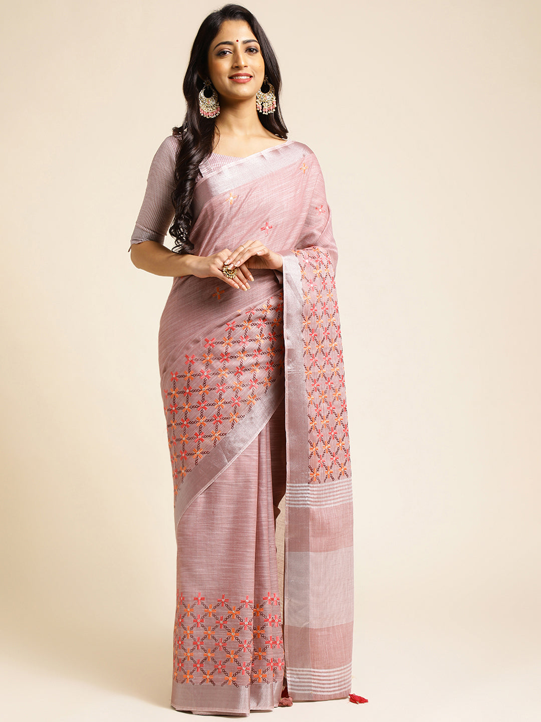 Dhiyona GR Women's CT Lavender Cotton Linen Silk Embroidered Saree