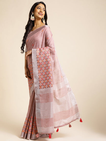 Dhiyona GR Women's CT Lavender Cotton Linen Silk Embroidered Saree