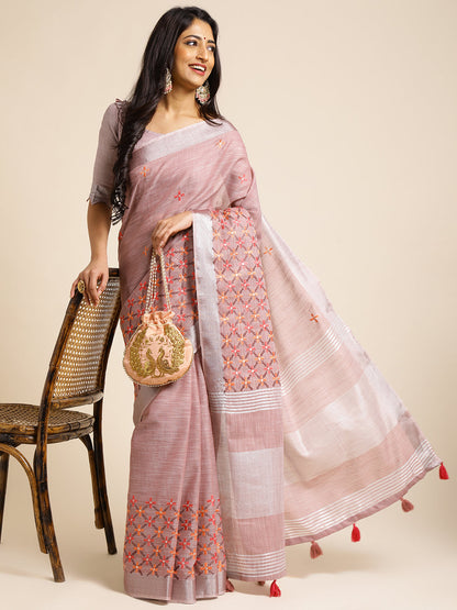 Dhiyona GR Women's CT Lavender Cotton Linen Silk Embroidered Saree