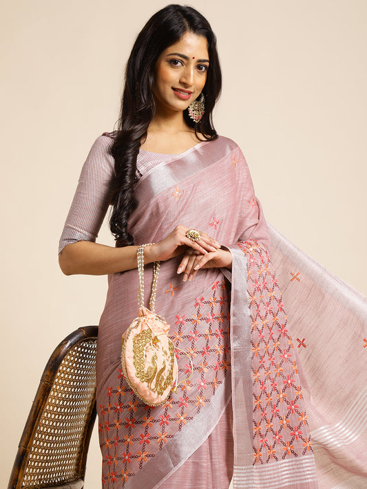 Dhiyona GR Women's CT Lavender Cotton Linen Silk Embroidered Saree