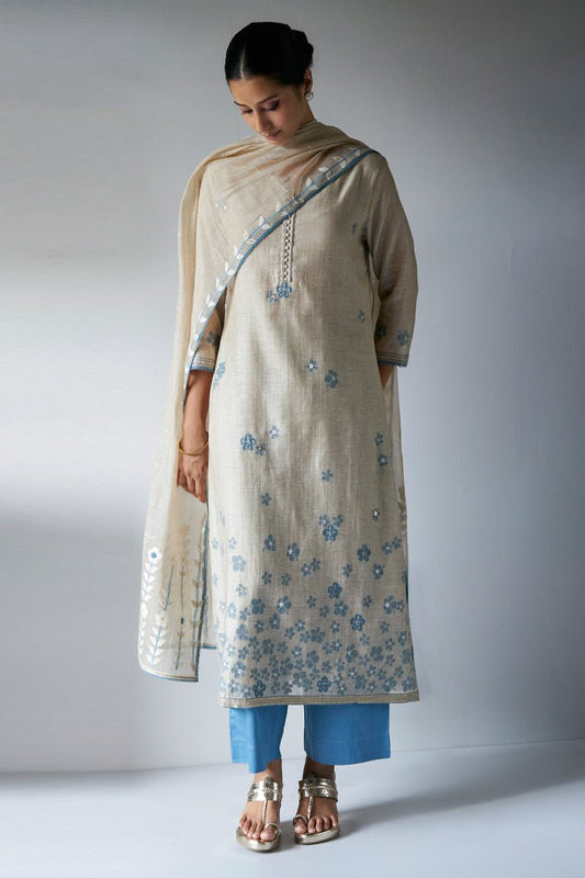 Women's Beige Woven Viscose Chanderi Kurta Suit Set With Delicate Hand Work Detailing