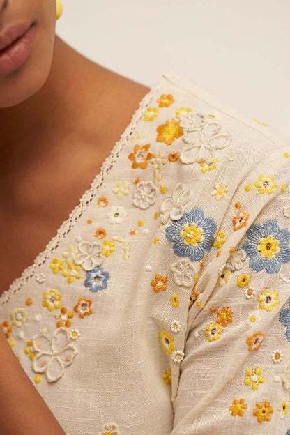 Women's Cream and Blue Cotton Linen Embroidered Salwar Suit