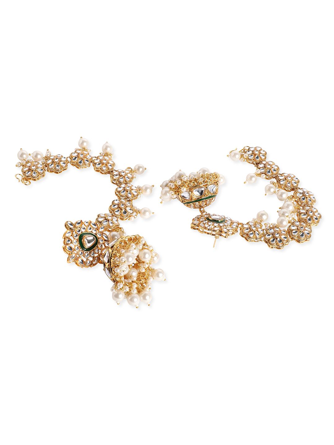 Dhiyona RJ Women's 22K Gold Plated Kundan Crystal Kan Chain Earrings with Pearls & Green Enamel Detail