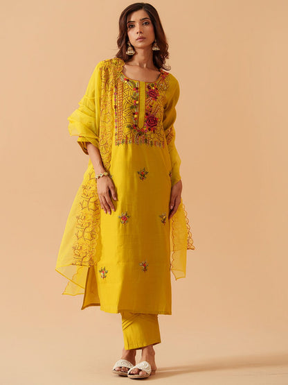 Dhiyona PD Women House Of Pataudi Embroidered Straight Kurta Trousers With Dupatta