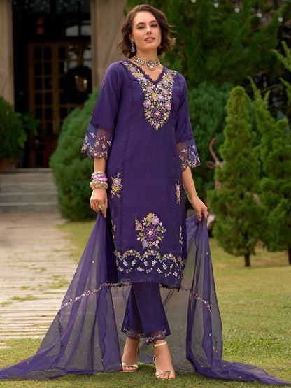 Women Floral Embroidered Panelled Sequinned Kurta with Trousers & With Dupatta