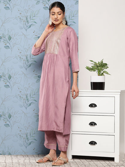 Dhiyona VA Women's Mauve Floral Embroidered Sequinned Kurta with Trousers & With Dupatta