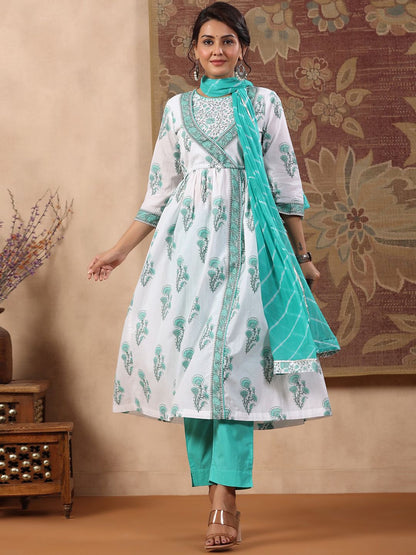 Dhiyona RR Women's Floral Printed Angrakha Pure Cotton Kurta with Trousers & With Dupatta