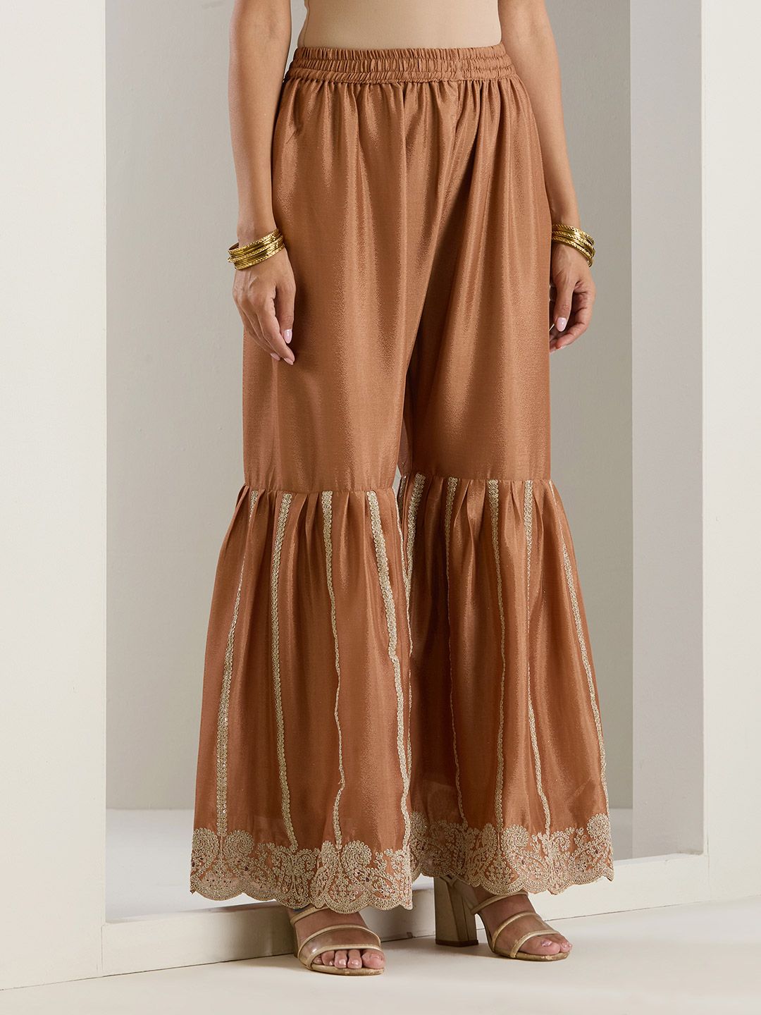 Dhiyona IS Women's Ethnic Motifs Embroidered Regular Thread Work Straight Kurta with Sharara & Dupatta