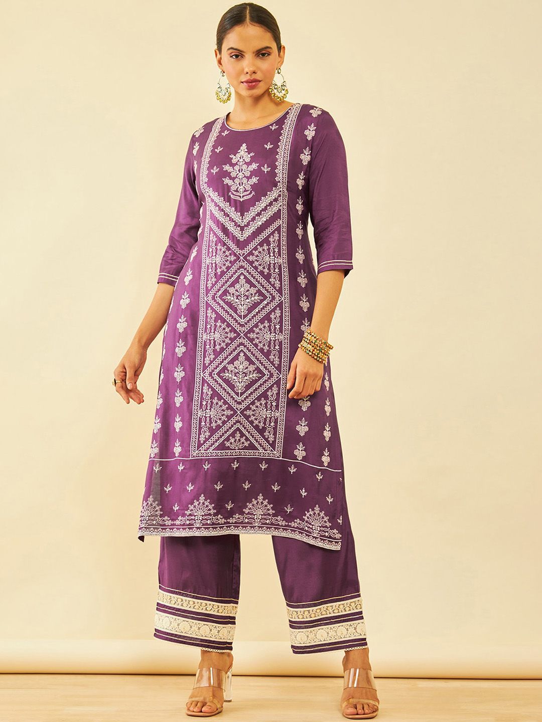 Dhiyona SO Women's Purple Ethnic Motifs Embroidered Regular Sequinned Kurta with Palazzos