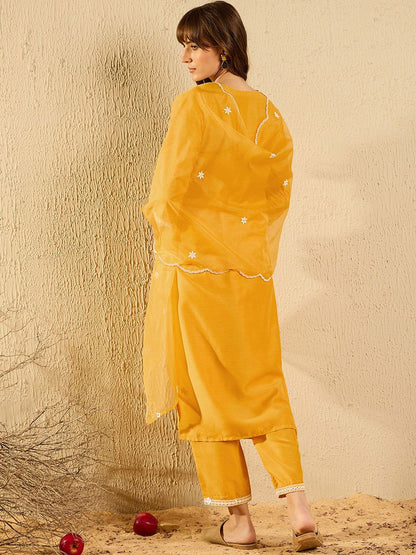 Dhiyona IE Floral Yoke Design V-Neck Straight Kurta With Trousers & Dupatta