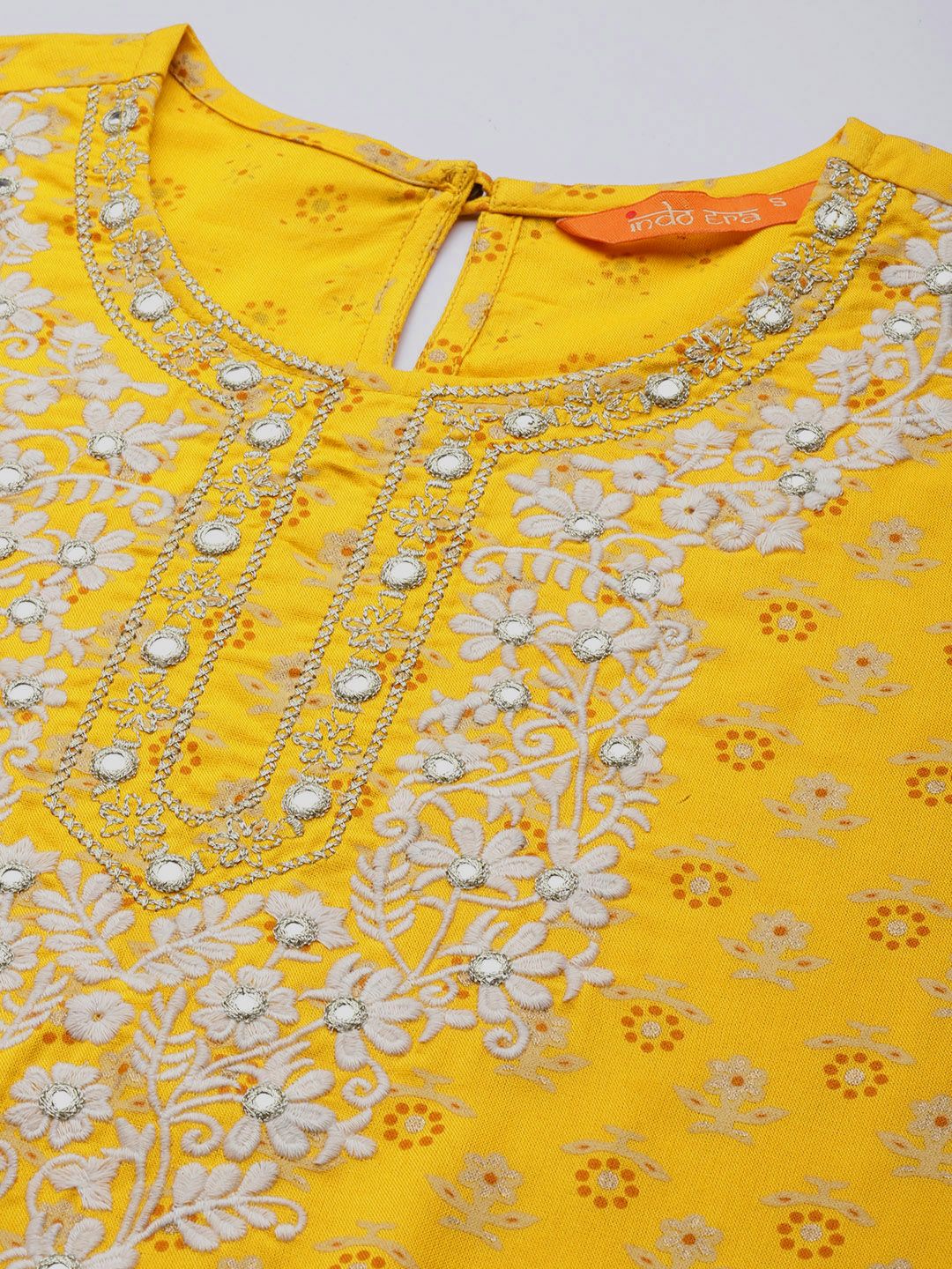 Dhiyona IE Women Mustard Yellow Floral Printed Thread Work Kurta with Trousers & With Dupatta
