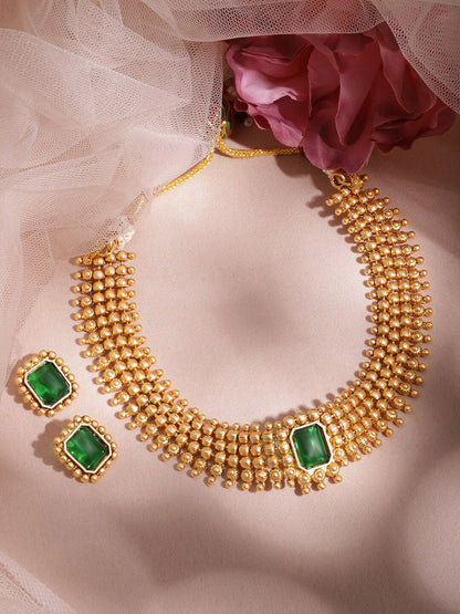 Dhiyona RJ Women's 22K Gold-Plated Emerald Green Stone Studded Choker Necklace Set with Gold Beads