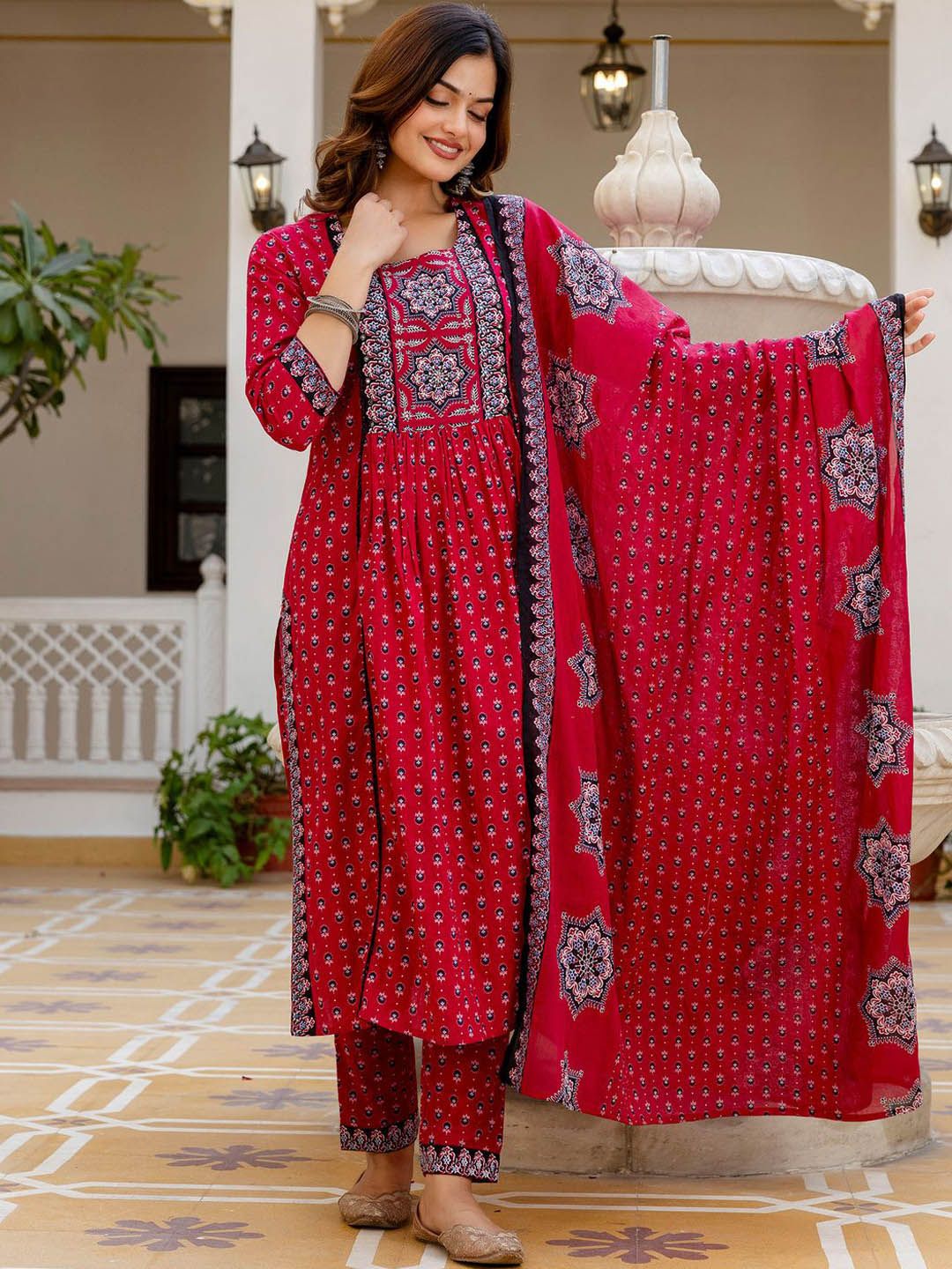 Ethnic Motifs Printed A Line Pure Cotton Kurta With Trousers & Dupatta