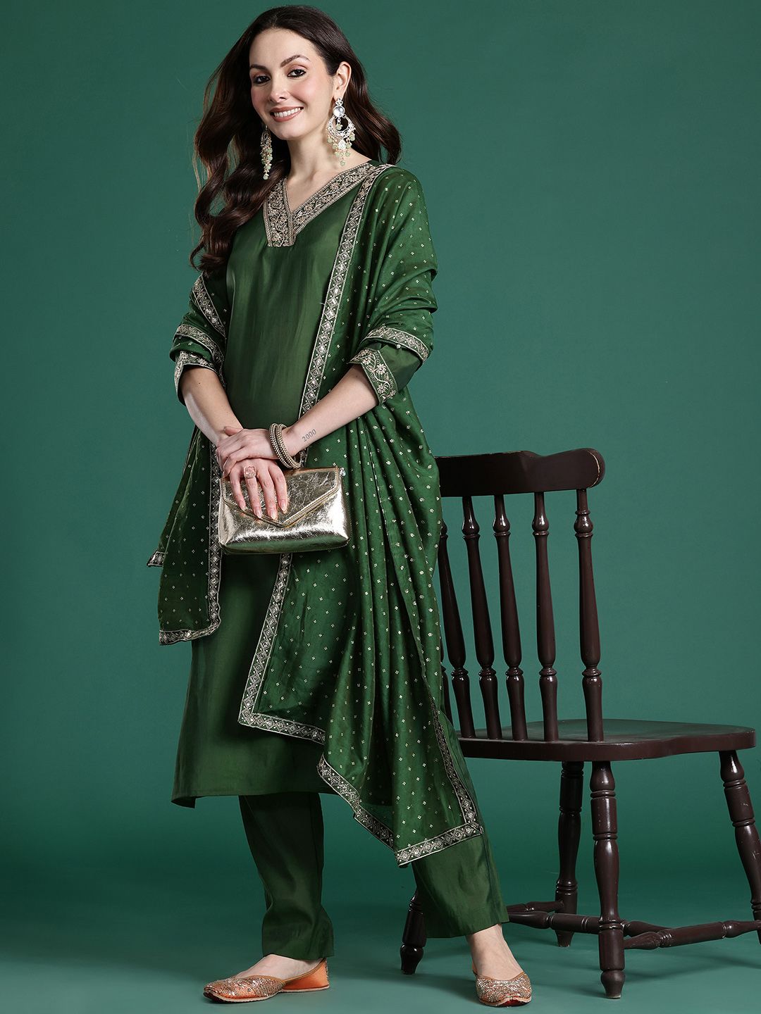 Floral Embroidered Sequinned Kurta with Trousers & With Dupatta