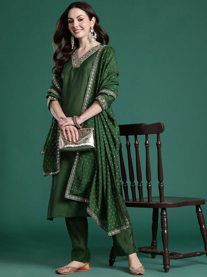 Floral Embroidered Sequinned Kurta with Trousers & With Dupatta