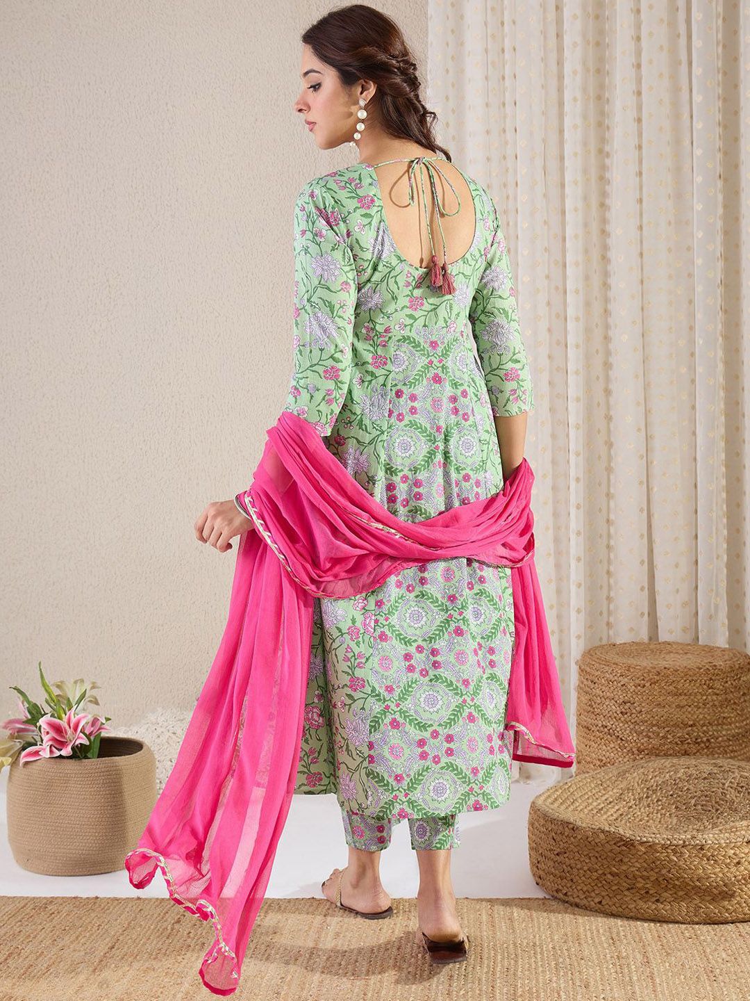 Dhiyona IE Floral Printed V-Neck Pure Cotton A-Line Kurta & Trousers With Dupatta