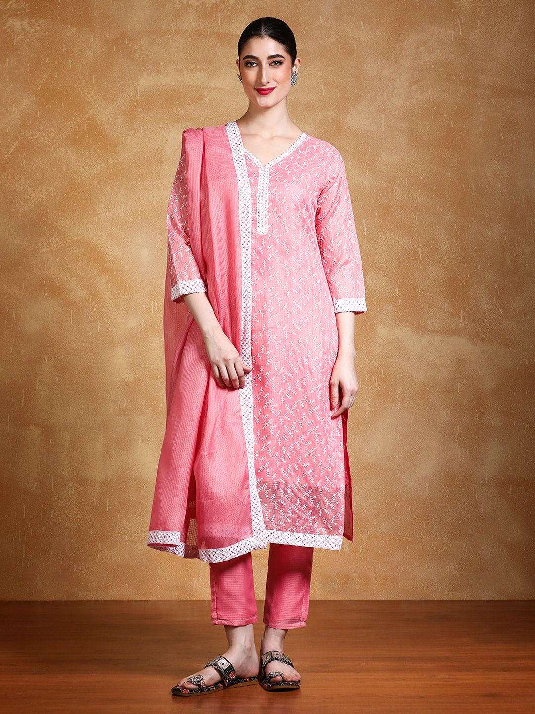 Dhiyona VA Women's Floral Embroidered Regular Thread Work Kurta with Trousers & With Dupatta