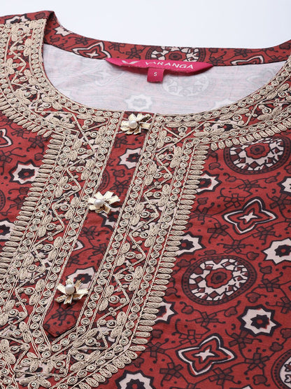 Dhiyona VA Women's Maroon Ethnic Motifs Embroidered Kurta with Palazzos