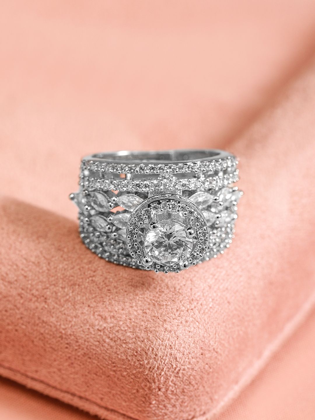 Dhiyona RJ Women's Women Rhodium Plated Cubic Zirconia Studded Adjustable Finger Ring