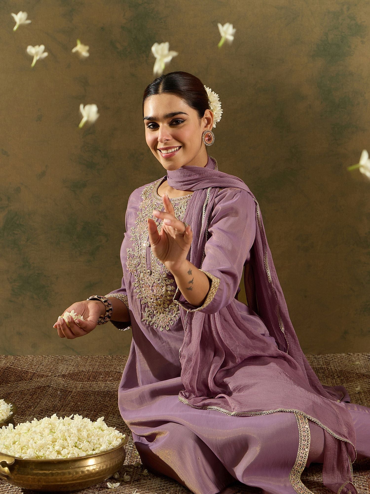 Floral Embroidered Embellished Straight Kurta with Trouser And Dupatta
