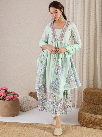Ethnic Motifs Printed Pure Cotton A-Line Kurta With Trouser & Dupatta