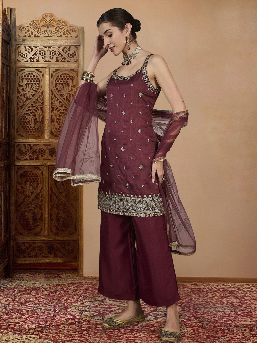 Dhiyona PD Women Embroidered Kurta, Palazzo & Dupatta Set