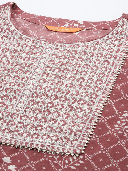 Dhiyona IE Bandhani Printed Regular Thread Work Pure Cotton Kurta With Trousers & Dupatta