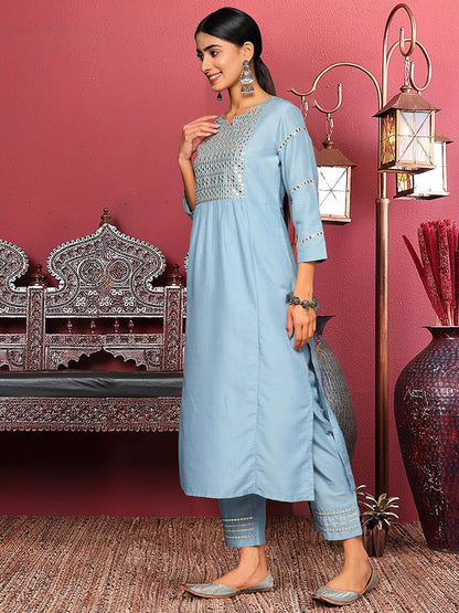 Dhiyona VA Women'sBlue Floral Embroidered Mirror Work Straight Kurta With Trousers & Dupatta