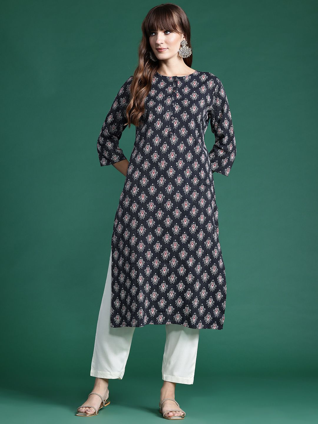 Dhiyona IE Ethnic Motifs Printed Kantha Work Pure Cotton Kurta