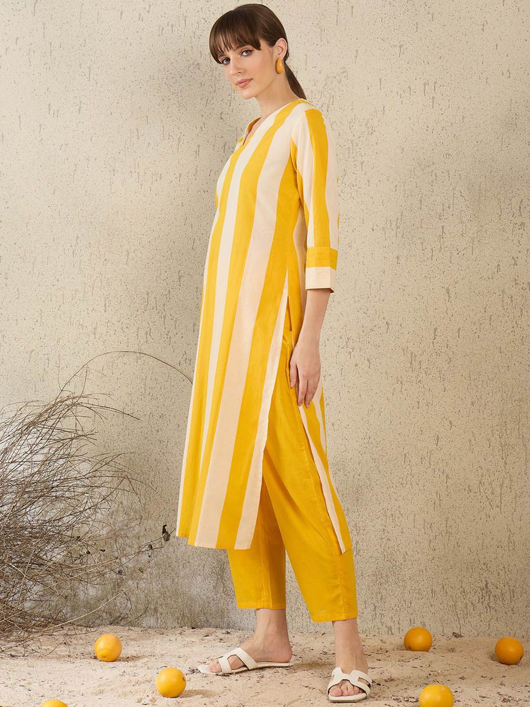 Women Striped Pure Cotton Straight Kurta with Trouser