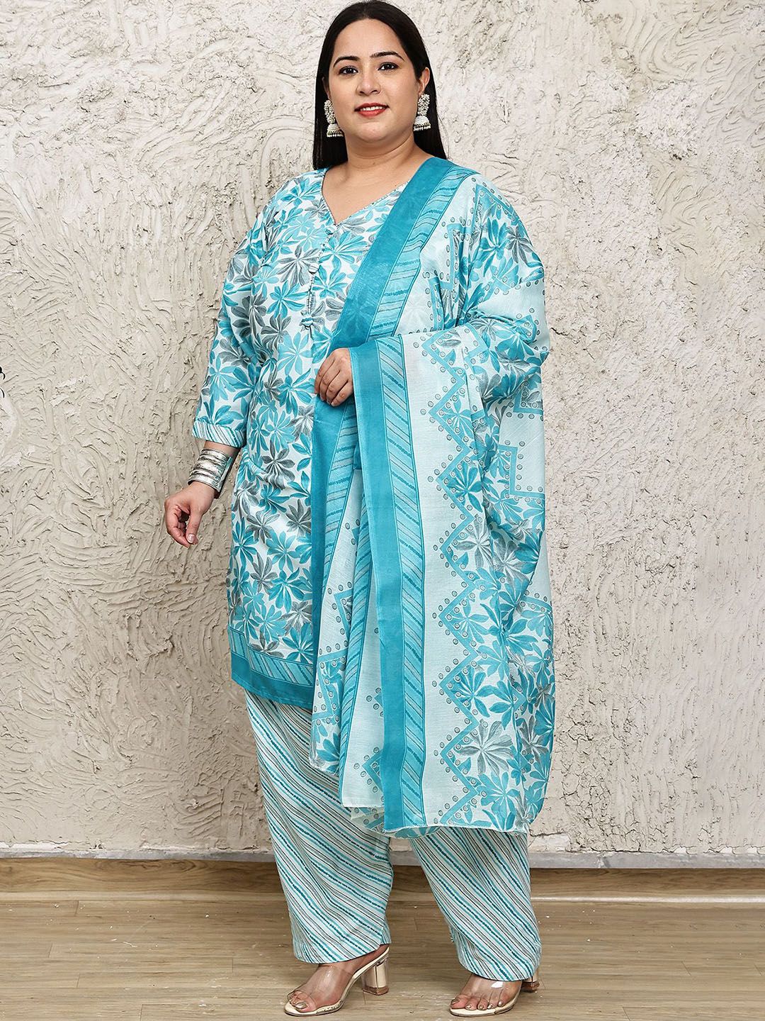 Dhiyona KL Floral Printed V-Neck Kurta With Salwar & Dupatta