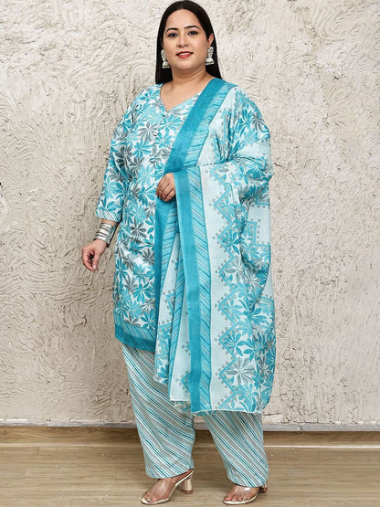 Dhiyona KL Floral Printed V-Neck Kurta With Salwar & Dupatta