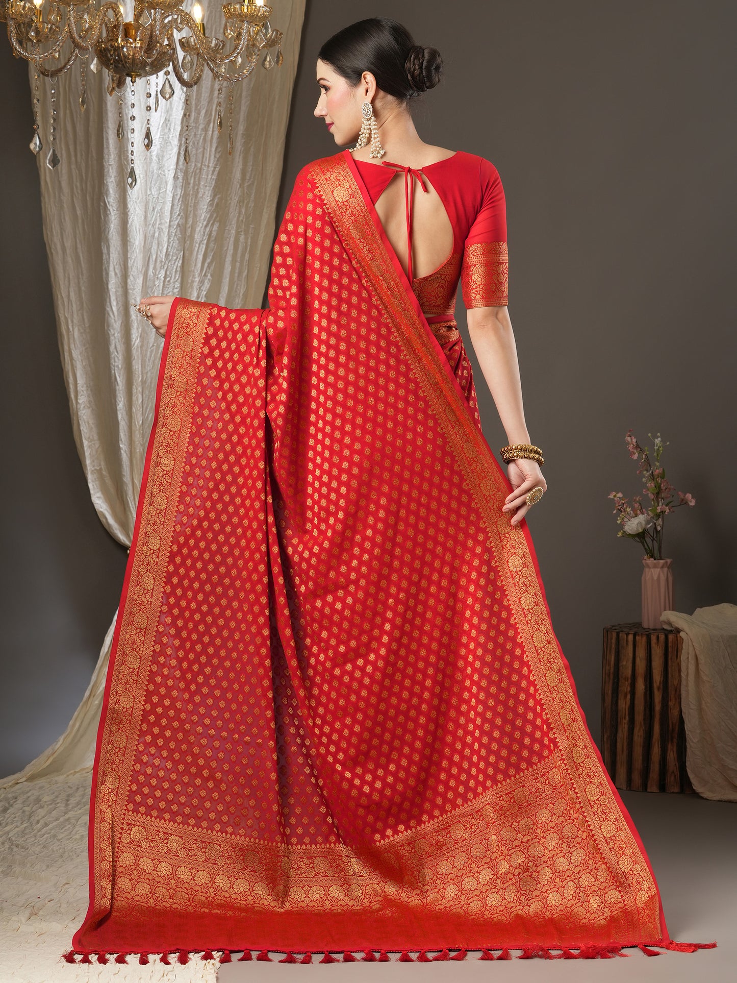 Women's Georgette Red Woven Design Designer Saree With Blouse Piece