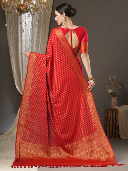 Women's Georgette Red Woven Design Designer Saree With Blouse Piece