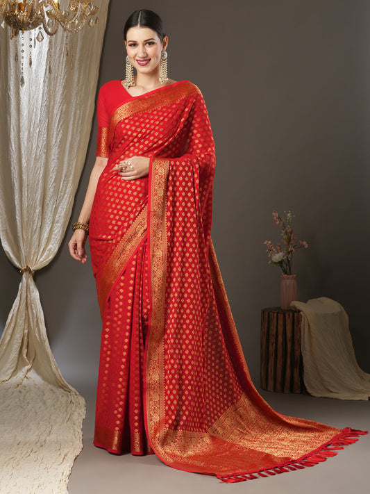Women's Georgette Red Woven Design Designer Saree With Blouse Piece