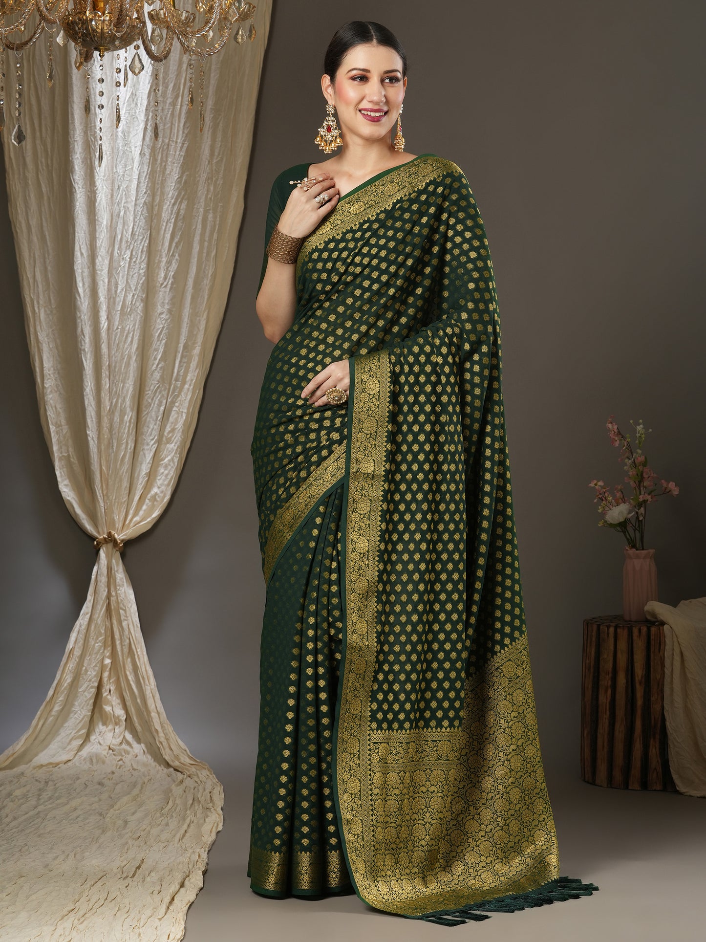 Women's Georgette Green Woven Design Designer Saree With Blouse Piece