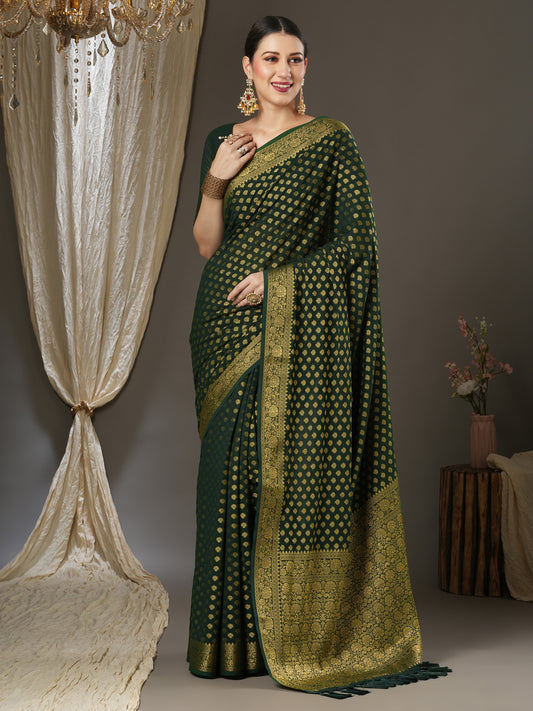 Women's Georgette Green Woven Design Designer Saree With Blouse Piece