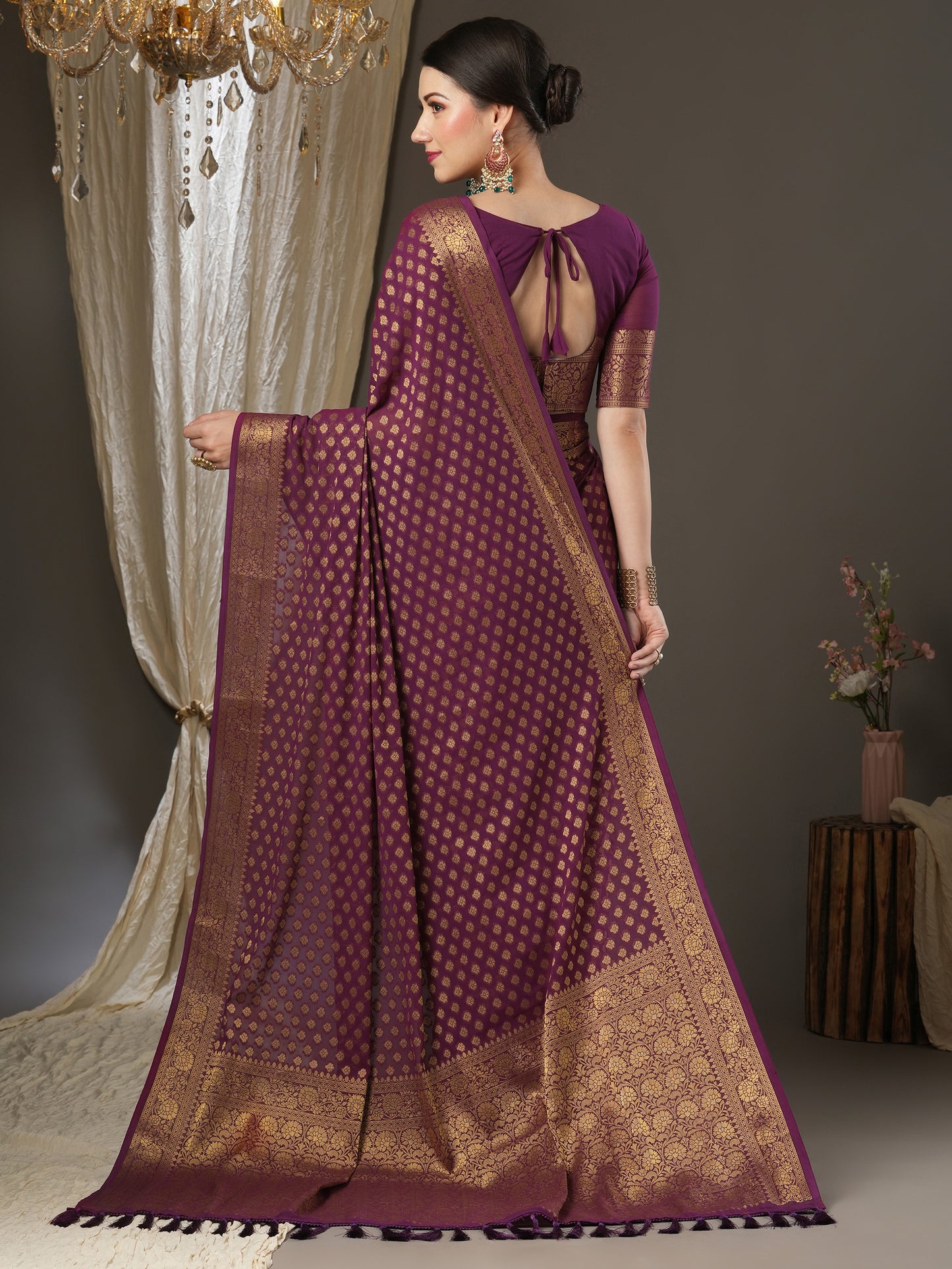 Women's Georgette Burgundy Woven Design Designer Saree With Blouse Piece