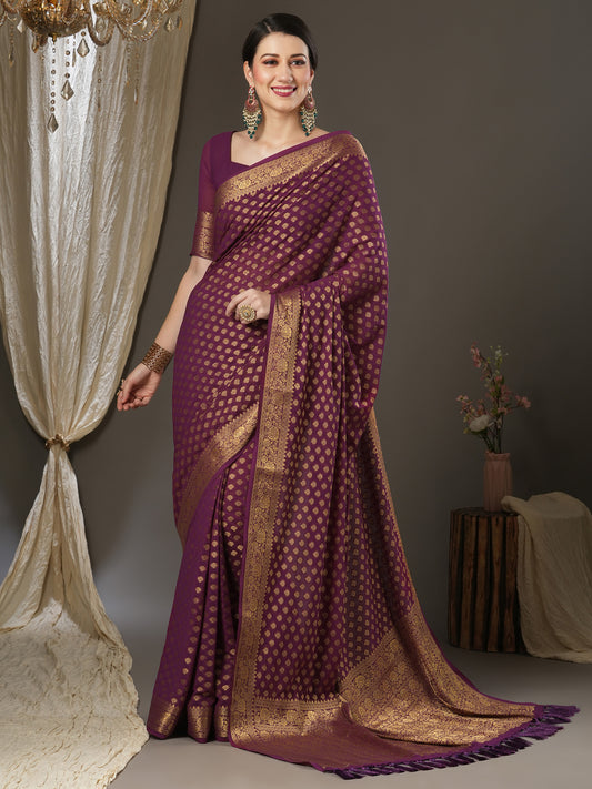 Women's Georgette Burgundy Woven Design Designer Saree With Blouse Piece