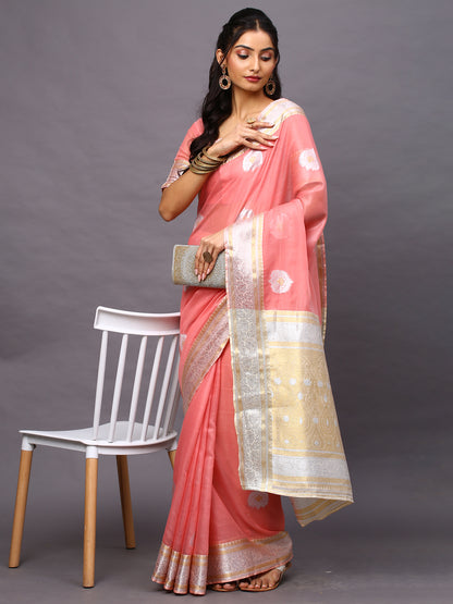 Women's Silk Cotton Pink Woven Design Woven saree With Blouse Piece