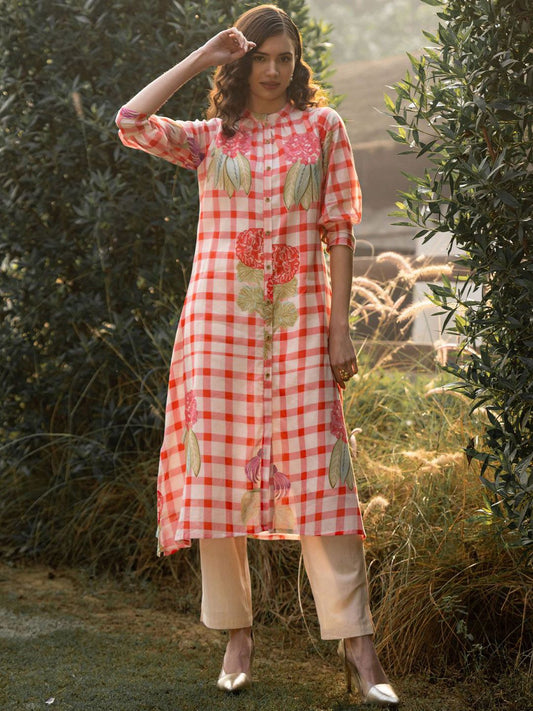 Dhiyona IE Floral Printed Mandarin Collar A-Line Pure Cotton Kurta With Trousers