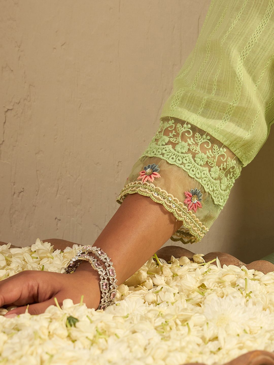 Floral Embroidered Pure Cotton Straight Kurta With Trousers & Dupatta