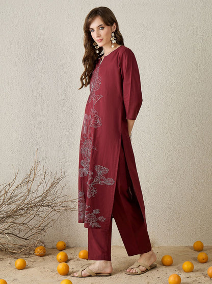Women Floral Embroidered Thread Work Pure Cotton Kurta with Trousers