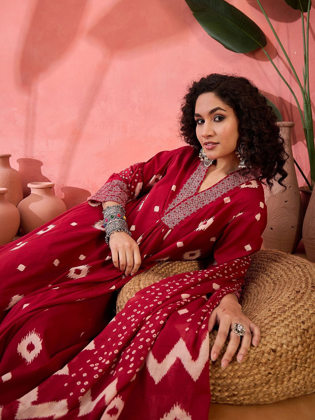 Dhiyona SN Women's Geometric Printed V-Neck Pleated Pure Cotton A-Line Kurta With Trouser And Dupatta
