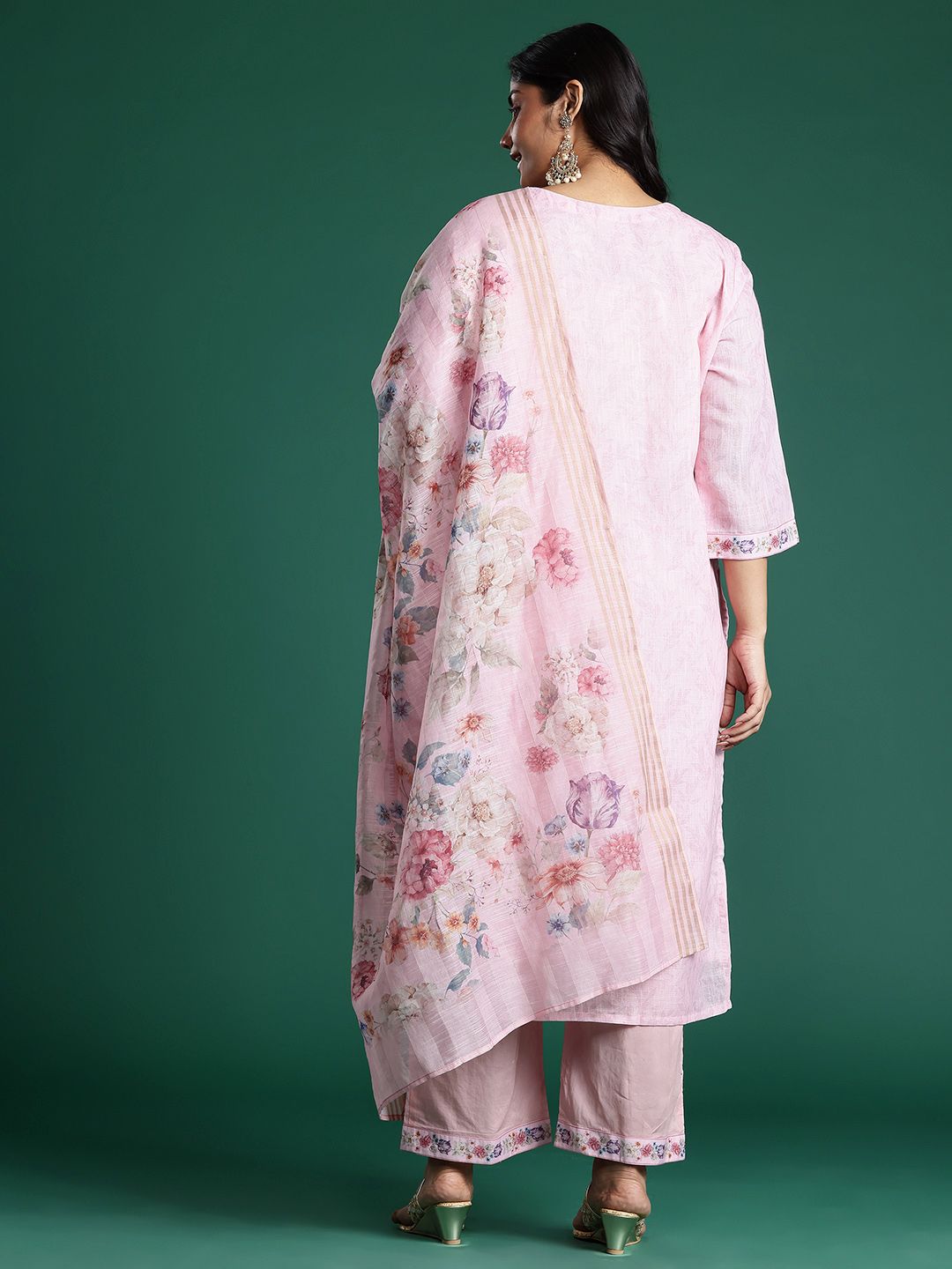 Plus Size Floral Print Thread Work Kurta with Palazzos & Dupatta