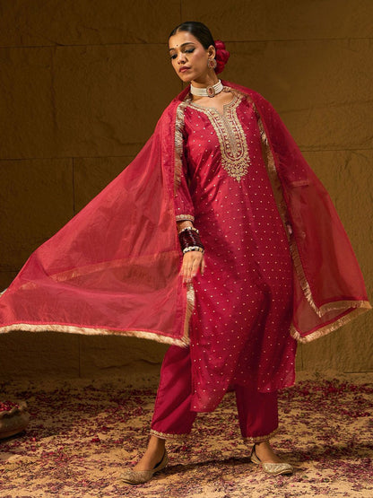 Red Embroidered Chanderi Silk Straight Zari Kurta With Trousers & Dupatta
