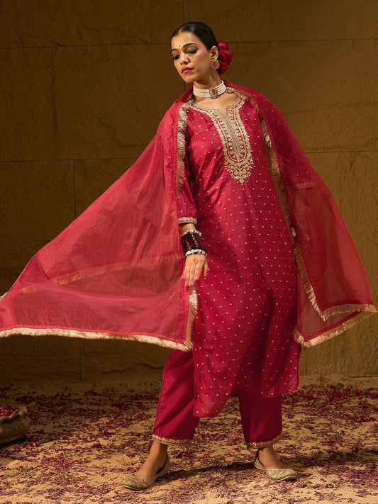 Red Embroidered Chanderi Silk Straight Zari Kurta With Trousers & Dupatta